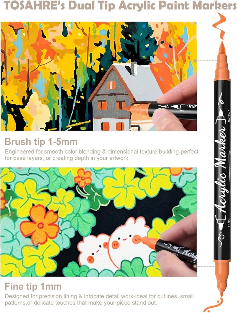 TOSHARE 30 Colors Acrylic Paint Markers - Waterproof Dual Tip Acrylic Paint Pens with Brush & Fine Tip Professional Marker Set Scrapbook Markers for Paper Rock Wood Fabric Glass Ceramic and DIY Crafts - Image 2